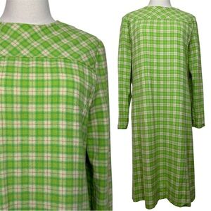Vintage 60's 70's Green Cream Plaid Pattern Mod Long Sleeve Dress
